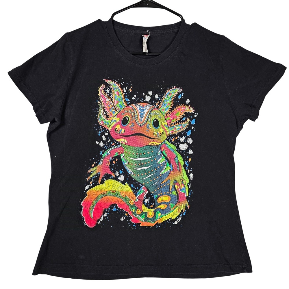 Euro Cotton‎ Axolotl Graphic T-Shirt Womens XL Black Fair Neon Psychedelic Art